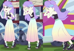 Size: 1311x912 | Tagged: safe, derpibooru import, screencap, snow flower, better together, equestria girls, sunset's backstage pass!, clothes, cropped, crying, food truck, heartbreak, long skirt, running away, sad, skirt, sleeveless