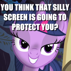 Size: 670x670 | Tagged: safe, derpibooru import, edit, edited screencap, screencap, twilight sparkle, owl's well that ends well, bedroom eyes, caption, cropped, fourth wall, golden oaks library, image macro, lidded eyes, solo, stranger danger, talking to viewer, text, the fourth wall cannot save you