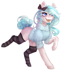 Size: 1800x2005 | Tagged: safe, artist:copshop, derpibooru import, oc, oc only, earth pony, pony, bow, clothes, ear fluff, female, hair bow, mare, simple background, socks, solo, striped socks, sweater, transparent background