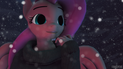 Size: 3840x2160 | Tagged: safe, artist:foxventus, derpibooru import, fluttershy, anthro, pegasus, 3d, clothes, female, happy, smiling, snow, snowfall, solo, source filmmaker, sweater, sweatershy, wings