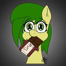 Size: 750x750 | Tagged: safe, artist:mranthony2, derpibooru import, oc, oc only, oc:lemon bounce, bust, chocolate, chocolate bar, cute, dalokohs bar, female, food, looking at you, mare, mouth hold, portrait, simple background, solo, team fortress 2