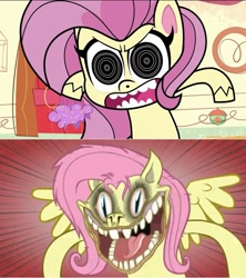 Size: 739x834 | Tagged: safe, artist:hotdiggedydemon, derpibooru import, edit, screencap, fluttershy, pegasus, pony, cute-pocalypse meow, my little pony: pony life, spoiler:pony life s01e03, .mov, angry, cupcake, flutterrage, food, nightmare fuel, pony.mov, shed.mov, solo, tablet, treehouse logo