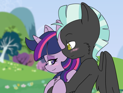 Size: 2048x1536 | Tagged: safe, artist:larrykitty, derpibooru import, thunderlane, twilight sparkle, unicorn twilight, pegasus, unicorn, blushing, cuddling, female, hugging a pony, looking at each other, male, mare, shipping, stallion, straight, twilane