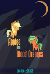 Size: 8101x12011 | Tagged: safe, artist:cosmiceclipsed, derpibooru import, applejack, oc, oc only, oc:citrus swirl, bat pony, earth pony, pony, duo, fanfic, fanfic art, fanfic cover, female, hollow shades, mare, moon, poster