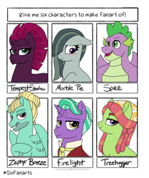 Size: 1004x1200 | Tagged: safe, artist:tambelon, derpibooru import, firelight, marble pie, spike, tempest shadow, tree hugger, zephyr breeze, dragon, earth pony, pegasus, pony, unicorn, broken horn, bust, clothes, female, gigachad spike, horn, male, mare, older, older spike, open mouth, six fanarts, smiling, stallion, winged spike