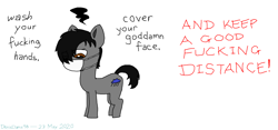 Size: 2370x1108 | Tagged: safe, artist:discipleofandrewryan, derpibooru import, oc, angry, black mane, brown eyes, coronavirus, covid-19, crude drawing, cutie mark, face mask, gray coat, ms paint, red text, simple background, stylistic suck, text, vulgar, white background