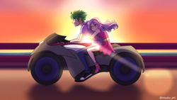 Size: 3840x2160 | Tagged: safe, alternate version, artist:riouku, derpibooru import, spike, sweetie belle, human, converse, female, humanized, male, motorcycle, shipping, shoes, spikebelle, straight, sunset