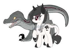 Size: 2400x1700 | Tagged: safe, artist:skulifuck, derpibooru import, oc, oc only, oc:fossil fen, oc:rouge, dinosaur, pony, unicorn, velociraptor, bedroom eyes, colored hooves, duo, eyelashes, female, fossil, freckles, leonine tail, makeup, mare, open mouth, raised hoof, sharp teeth, simple background, story included, teeth, transparent background