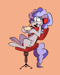 Size: 2956x3694 | Tagged: safe, artist:fluttershythekind, derpibooru import, oc, oc only, oc:cinnabyte, adorkable, chair, controller, cute, dork, excited, gaming chair, gaming headset, happy, headphones, headset, open mouth, smiling