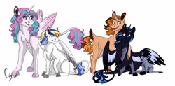 Size: 1280x630 | Tagged: safe, artist:colourstrike, derpibooru import, princess flurry heart, oc, oc:althea, oc:comet, oc:dusk, oc:prince maximus, alicorn, earth pony, pegasus, pony, unicorn, colt, cousins, female, filly, leonine tail, male, mare, next generation, offspring, older, older flurry heart, parent:king sombra, parent:princess cadance, parent:princess celestia, parent:princess luna, parent:shining armor, parents:lumbra, parents:shiningcadance, siblings, simple background, tail feathers, white background