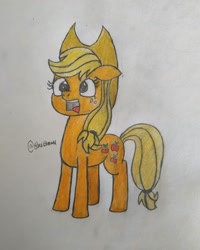 Size: 1080x1350 | Tagged: safe, artist:stardawn_hippogriff, derpibooru import, applejack, earth pony, pony, :o, female, freckles, hat, mare, open mouth, shocked, signature, solo, traditional art