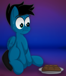 Size: 5780x6600 | Tagged: safe, artist:agkandphotomaker2000, derpibooru import, oc, oc:pony video maker, pegasus, pony, chocolate, chocolate bar, food, plate, resisting, simple background, sitting, sweat