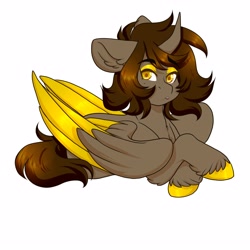 Size: 4000x4000 | Tagged: safe, artist:twisted-sketch, derpibooru import, oc, oc only, alicorn, pony, alicorn oc, curved horn, ear fluff, horn, prone, simple background, solo, two toned wings, unshorn fetlocks, white background, wings
