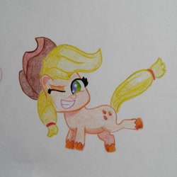 Size: 1080x1080 | Tagged: safe, artist:iblueberry_gummy, derpibooru import, applejack, earth pony, pony, my little pony: pony life, bucking, female, grin, hat, mare, one eye closed, smiling, solo, traditional art, unshorn fetlocks, wink