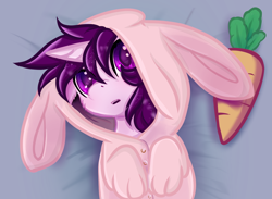 Size: 1536x1122 | Tagged: safe, artist:jas pointed, derpibooru import, editor:xbi, oc, oc only, oc:lapush buns, pony, unicorn, animal costume, bed, bunny costume, bunny ears, bunnycorn, carrot, clothes, costume, food, from above, looking at you, on back, solo, ych result