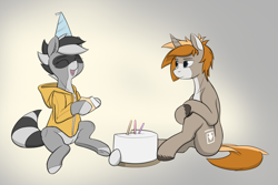 Size: 2160x1440 | Tagged: safe, artist:expression2, derpibooru import, oc, oc only, oc:bandy cyoot, oc:itu, cake, candle, egg, food, hat, party hat