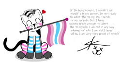 Size: 1527x789 | Tagged: safe, artist:official_dj_scr4tchk4t, derpibooru import, oc, oc:scr4tchk4t, cat, cat pony, original species, blushing, cat tail, clothes, cute, femboy, femboy pride flag, heart, male, paws, pride, pride flag, pride month, quote, signature, socks, striped socks