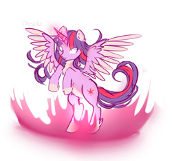 Size: 1280x1196 | Tagged: safe, artist:puddingskitty, derpibooru import, twilight sparkle, twilight sparkle (alicorn), alicorn, pony, cheek fluff, chest fluff, ear fluff, female, glowing eyes, glowing horn, horn, leg fluff, magic, mare, pale belly, rearing, simple background, solo, spread wings, two toned wings, white background, wings