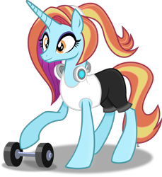 Size: 2294x2501 | Tagged: safe, artist:anime-equestria, derpibooru import, sassy saddles, unicorn, alternate hairstyle, clothes, eyeshadow, female, happy, headphones, horn, makeup, mare, ponytail, shorts, simple background, smiling, transparent background, vector, weights