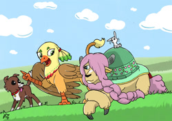 Size: 900x633 | Tagged: safe, artist:animatorwil, derpibooru import, angel bunny, applejack, fluttershy, winona, dog, griffon, pony, rabbit, yak, animal, atg 2019, griffonized, newbie artist training grounds, species swap, yakified