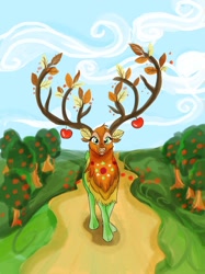 Size: 1024x1366 | Tagged: safe, artist:tamatria, derpibooru import, the great seedling, deer, going to seed, apple, apple tree, solo, tree