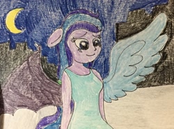 Size: 2066x1536 | Tagged: safe, derpibooru import, oc, oc only, oc:adean ruby nights, oc:adean the draconequus, human, equestria girls, clothes, dress, equestria girls-ified, female, moon, night, traditional art