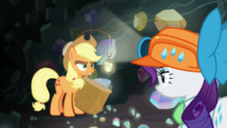 Size: 1920x1080 | Tagged: safe, derpibooru import, screencap, applejack, rarity, earth pony, pony, unicorn, dragon dropped, ascot tie, basket, blouse, cave, clothes, duo, female, gem, gem cave, hard hat, helmet, lantern, mare, mining helmet, mouth hold, stetson