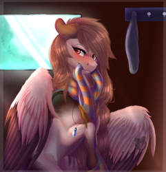 Size: 1280x1329 | Tagged: safe, artist:queendarkselis, derpibooru import, oc, oc only, oc:yasy, pegasus, pony, blushing, clothes, female, freckles, mare, mouth hold, scarf, solo