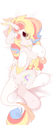 Size: 820x1920 | Tagged: safe, artist:little-sketches, derpibooru import, oc, oc:rainbow dreams, pegasus, pony, blushing, body pillow, body pillow design, butt fluff, chest fluff, ear fluff, eye clipping through hair, horn, leonine tail, looking at you, two toned wings, wings, ych result