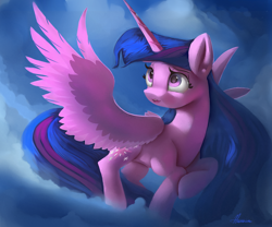 Size: 3527x2931 | Tagged: safe, artist:auroriia, derpibooru import, twilight sparkle, twilight sparkle (alicorn), alicorn, pony, cloud, female, high res, mare, open mouth, solo, spread wings, wings