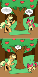 Size: 800x1602 | Tagged: safe, artist:pembroke, derpibooru import, apple bloom, applejack, earth pony, pony, apple, apple tree, ask, ask pun, dad joke, duo, female, filly, food, grin, mare, smiling, tree, underhoof, x eyes