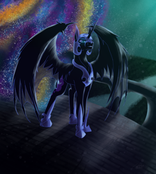 Size: 1600x1789 | Tagged: safe, artist:artfulaccidents, derpibooru import, nightmare moon, alicorn, armor, ethereal mane, female, galaxy mane, glowing eyes, helmet, hoof shoes, hybrid wings, looking at you, mare, nebula mane, redesign, solo, wings
