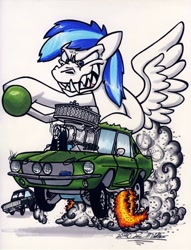 Size: 1024x1338 | Tagged: safe, artist:sketchywolf-13, derpibooru import, oc, oc only, pegasus, pony, blower, cars (pixar), chevrolet, chevrolet camaro, commission, fangs, fire, ford, ford mustang, gasser, male, rat fink, sharp teeth, shelby, simple background, smoke, solo, stallion, supercharger, teeth, traditional art, unnamed oc, white background, wings