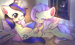 Size: 1242x750 | Tagged: safe, artist:空空, derpibooru import, fluttershy, oc, oc:forestar, moose, pegasus, pony, unicorn, blushing, book, cloud, cushion, cute, evening, flutterstar, glasses, indoors, love, magic, moon, my little pony, night, shyabetes, sky, stars, window