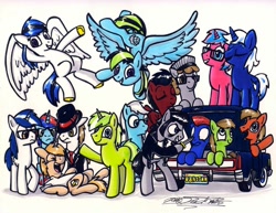 Size: 1024x792 | Tagged: safe, artist:sketchywolf-13, derpibooru import, oc, oc only, oc:circuit mane, oc:sketchy, earth pony, pegasus, pony, unicorn, car, clothes, cutie mark, female, hat, horn, knife, lincoln (car), lincoln continental, male, mare, simple background, stallion, tail, traditional art, trunk, white background, wings