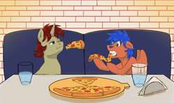 Size: 1920x1143 | Tagged: safe, artist:shanyata, derpibooru import, oc, oc only, oc:griffin, pegasus, unicorn, food, male, meat, pepperoni, pepperoni pizza, pizza