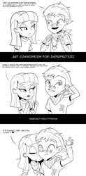 Size: 1000x2028 | Tagged: safe, artist:graytyphoon, derpibooru import, part of a set, maud pie, oc, oc:copper plume, equestria girls, arm behind head, blushing, canon x oc, clothes, comic, commission, commissioner:imperfectxiii, dialogue, female, freckles, glasses, heart necklace, jewelry, kiss on the cheek, kissing, male, maudplume, monochrome, neckerchief, necklace, shipping, shirt, straight, surprised, wide eyes