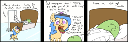 Size: 1305x434 | Tagged: safe, artist:happy harvey, derpibooru import, oc, oc only, oc:anon, oc:little league, earth pony, human, pony, adult, bed, caring, caring for the sick, cast, chewing, colored pupils, comic, dialogue, drawn on phone, eating, feeding, female, filly, food, in bed, male, talking with your mouth full, walking