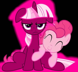 Size: 732x681 | Tagged: artist needed, safe, derpibooru import, pinkie pie, twilight sparkle, unicorn twilight, earth pony, pony, unicorn, eyes closed, pink twilight sparkle, recolor, smiling, twilight is not amused, unamused