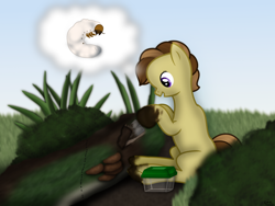 Size: 1800x1350 | Tagged: safe, artist:99999999000, derpibooru import, oc, oc:zhang cathy, earth pony, insect, pony, ant, container, female, filly, grass, moss, mushroom, shovel, solo, wood, younger