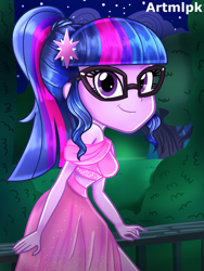 Size: 1536x2048 | Tagged: safe, artist:artmlpk, derpibooru import, sci-twi, twilight sparkle, equestria girls, adorable face, adorkable, beautiful, bench, beret, clothes, cute, design, digital art, dork, dress, fashion, female, hat, looking at you, outfit, park, park bench, ponytail, smiling, smiling at you, solo, twiabetes