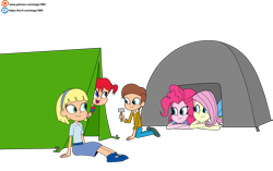 Size: 6000x3768 | Tagged: safe, artist:eagc7, derpibooru import, fluttershy, pinkie pie, equestria girls, annika, camping, commission, equestria girls-ified, female, ko-fi, male, patreon, pippi longstocking, simple background, tent, tents, tommy, transparent background