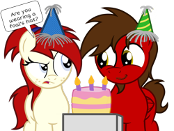 Size: 1600x1200 | Tagged: safe, artist:toyminator900, derpibooru import, oc, oc only, oc:chip, oc:silver draw, pegasus, pony, unicorn, an-tonio's birthday, birthday, birthday cake, birthday gift, cake, candle, duo, facial hair, female, food, freckles, hat, male, mare, party hat, show accurate, simple background, smiling, speech bubble, stallion, transparent background