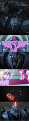 Size: 1280x5272 | Tagged: safe, derpibooru import, edit, edited screencap, screencap, applejack, fluttershy, pinkie pie, rarity, spike, twilight sparkle, twilight sparkle (alicorn), alicorn, dragon, earth pony, pegasus, pony, unicorn, the ending of the end, clash of hasbro's titans, dreadwing, megatron, transformers, transformers prime, vehicon, winged spike