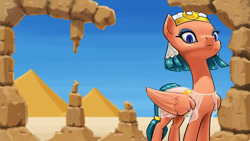 Size: 3840x2160 | Tagged: safe, artist:tadpoledraws, derpibooru import, somnambula, pegasus, pony, 4k, day, looking at you, pyramid, ruins, solo