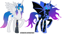 Size: 3964x2159 | Tagged: safe, artist:kitana762, derpibooru import, nightmare moon, oc, oc:vortex glow, alicorn, cyborg, pony, fallout equestria, fallout equestria: unity redux, amputee, armor, artificial alicorn, bat wings, cyber pony, ethereal mane, female, glowing eyes, power armor, prosthetics, simple background, transparent background, unity, wings
