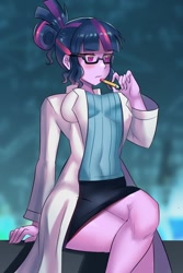 Size: 800x1200 | Tagged: safe, artist:tzc, derpibooru import, sci-twi, twilight sparkle, equestria girls, bad anatomy, breasts, clothes, crossed legs, female, lab coat, pencil, sitting, skirt, solo, uniform