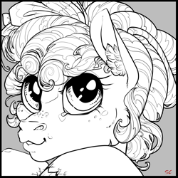 Size: 1772x1772 | Tagged: safe, artist:sourcherry, derpibooru import, cozy glow, pegasus, pony, cozybetes, curly hair, curly mane, cute, freckles, monochrome, smiling, smiling at you