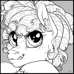 Size: 1772x1772 | Tagged: safe, artist:sourcherry, derpibooru import, cozy glow, pegasus, pony, cozybetes, curly hair, curly mane, cute, evil grin, grin, monochrome, smiling, snarling, solo