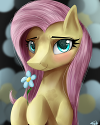 Size: 2000x2500 | Tagged: safe, artist:nixworld, derpibooru import, fluttershy, pegasus, pony, abstract background, bust, cute, eye reflection, female, flower, hoof hold, long hair, looking at you, mare, portrait, reflection, smiling, smiling at you, solo, three quarter view